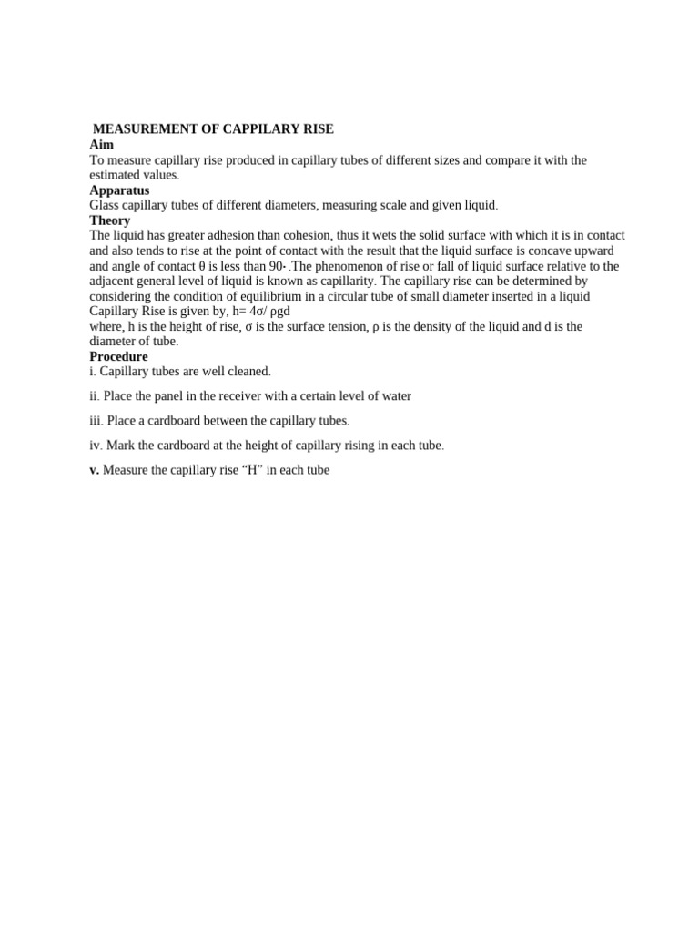 Measurement of Cappilary Rise Aim | PDF