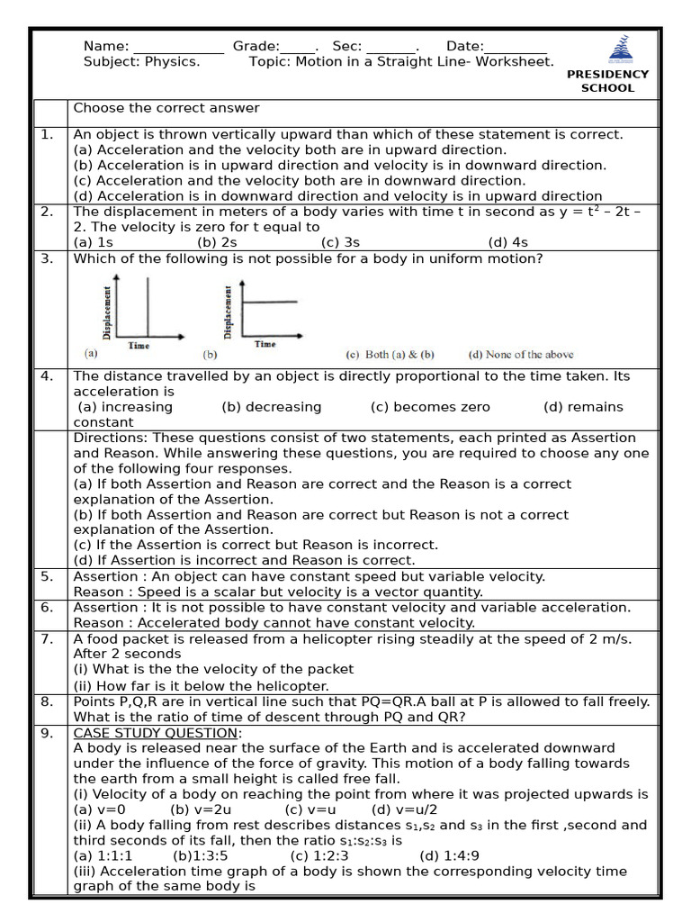 Motion in a Straight Line Worksheet | PDF | Velocity | Acceleration