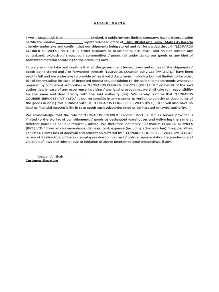 Legal Undertaking for Shipment Compliance | PDF