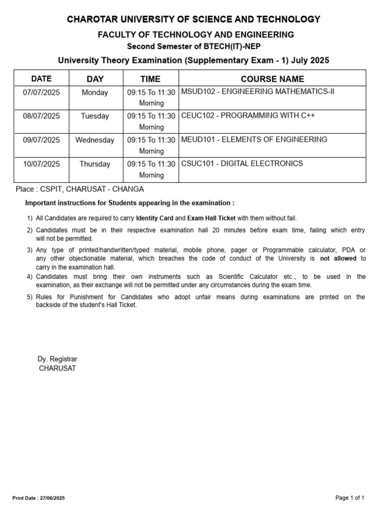 BTECH(IT) Supplementary Exam Schedule 2025 | PDF
