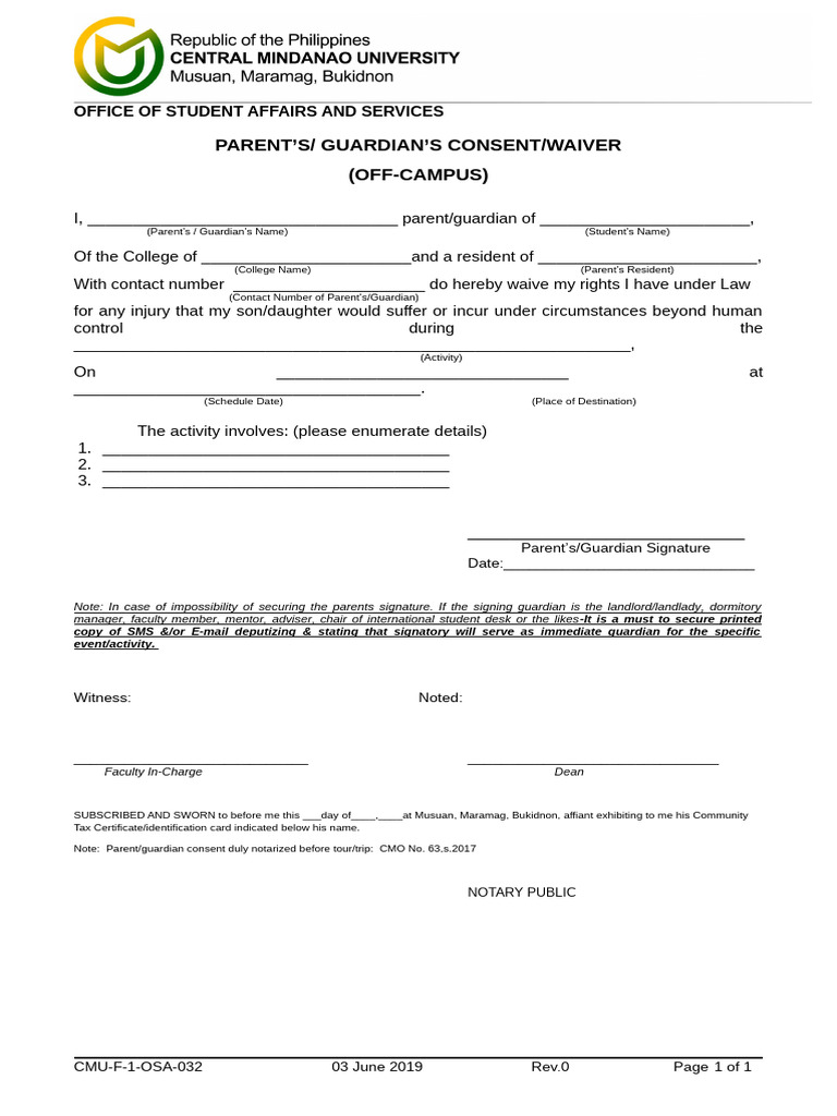 Parent Consent for Off-Campus Activity | PDF | Authentication | Common Law