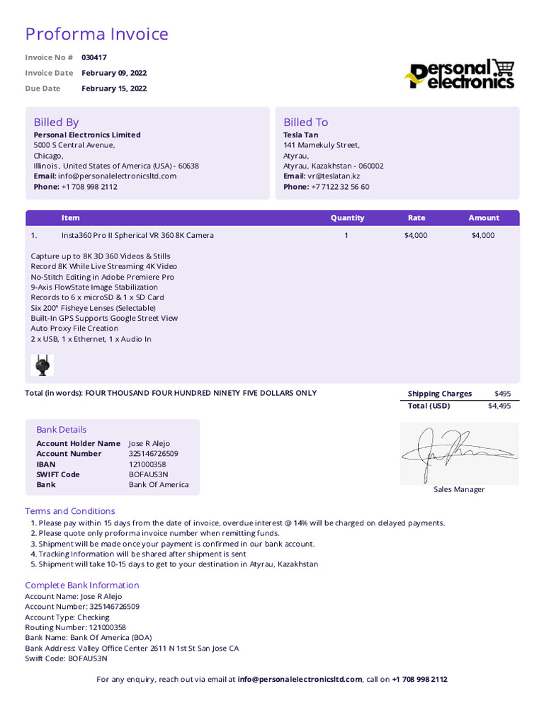 Proforma 030417 Personal Electronics Limited Tesla Tan | PDF | Invoice