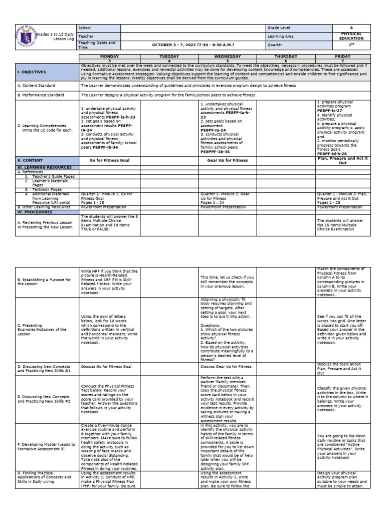 Grade 8 Physical Education Lesson Plan | PDF | Learning | Curriculum