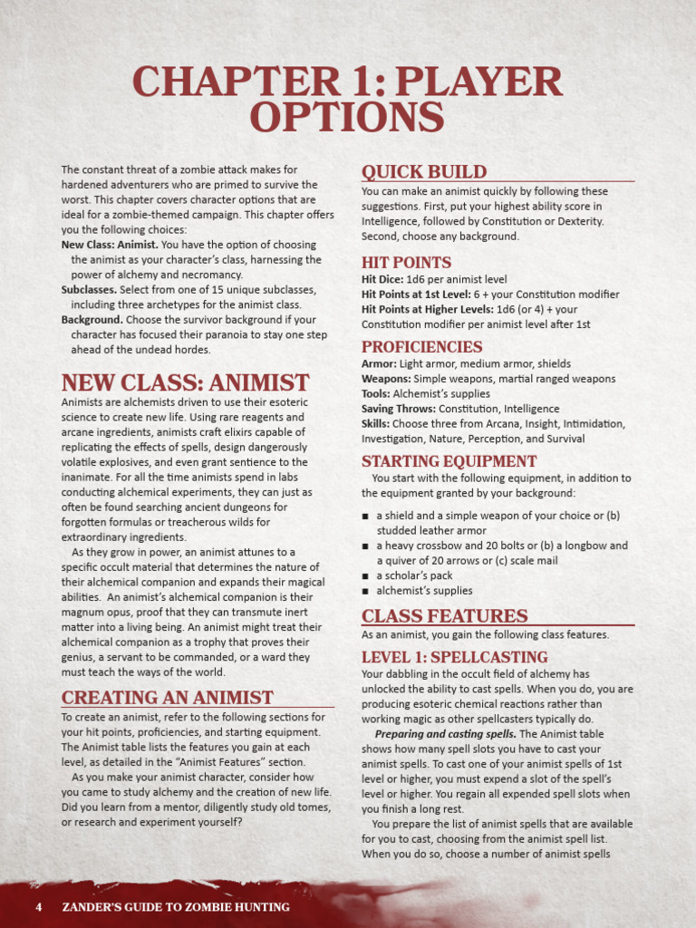 Animist Class Overview for Zombie Campaigns | PDF | Alchemy