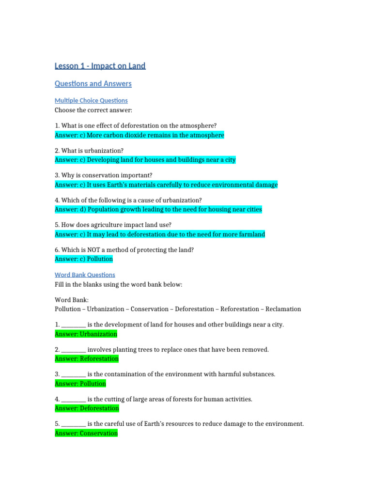 Toddle - Lesson 1 Impact On Land Questions and Answers | PDF ...