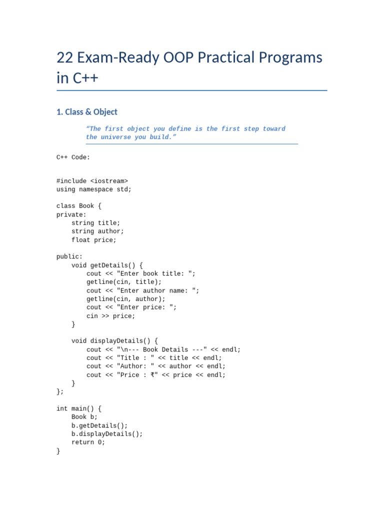 C++ OOP Practical Programs Guide | PDF