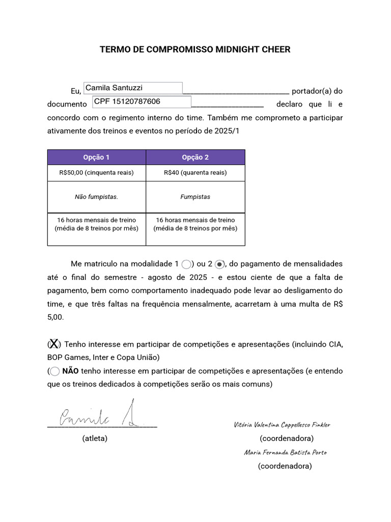 Termo de Compromisso Midnight Cheer | PDF