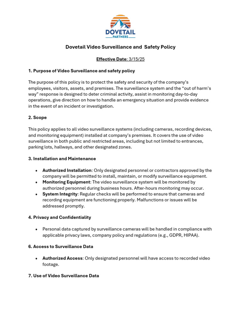 Dovetail Video Surveillance and Safety Policy - 1 | PDF | Closed ...