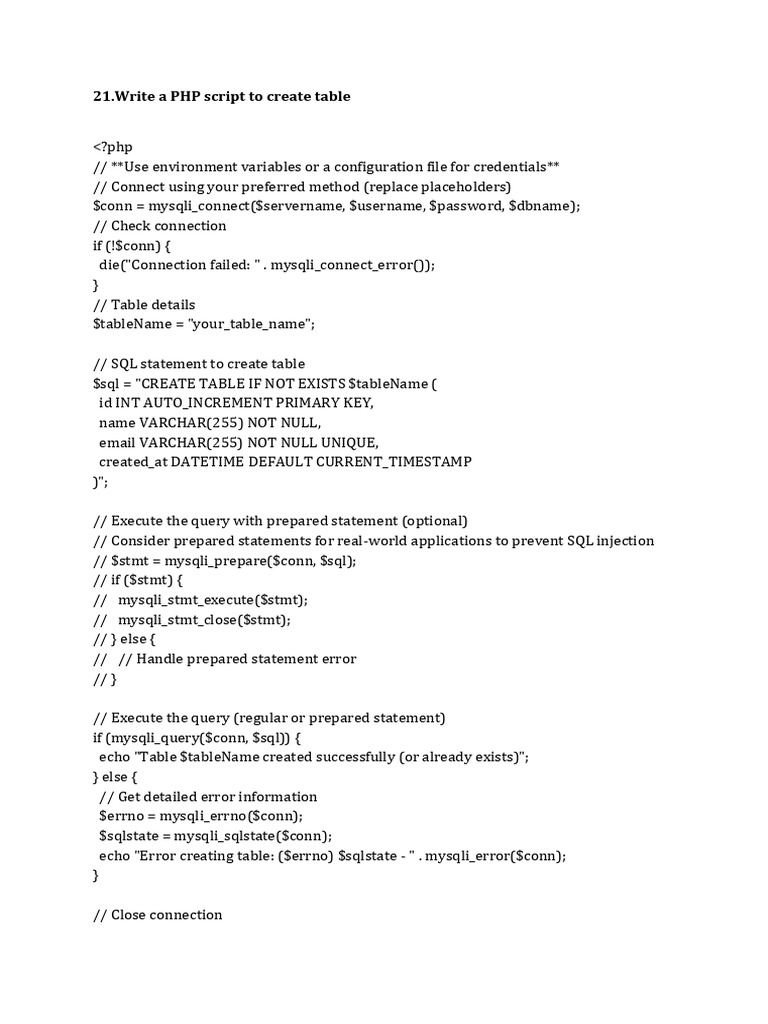 PHP Script to Create MySQL Table | PDF