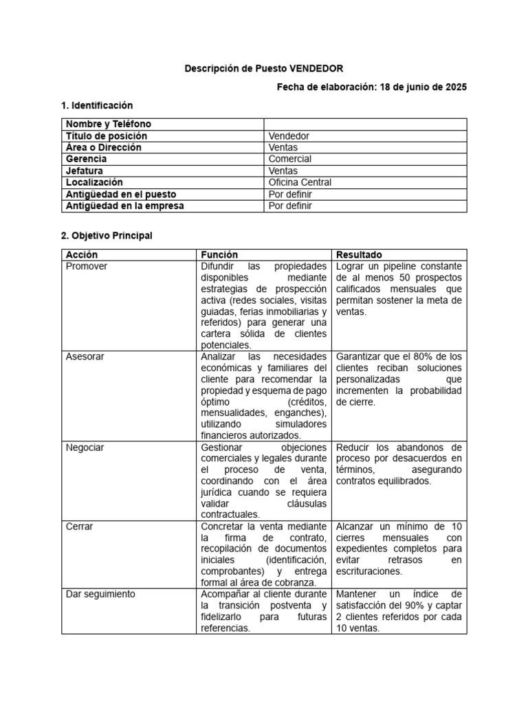 Descripción del Puesto de Vendedor | PDF | Ventas | Marketing