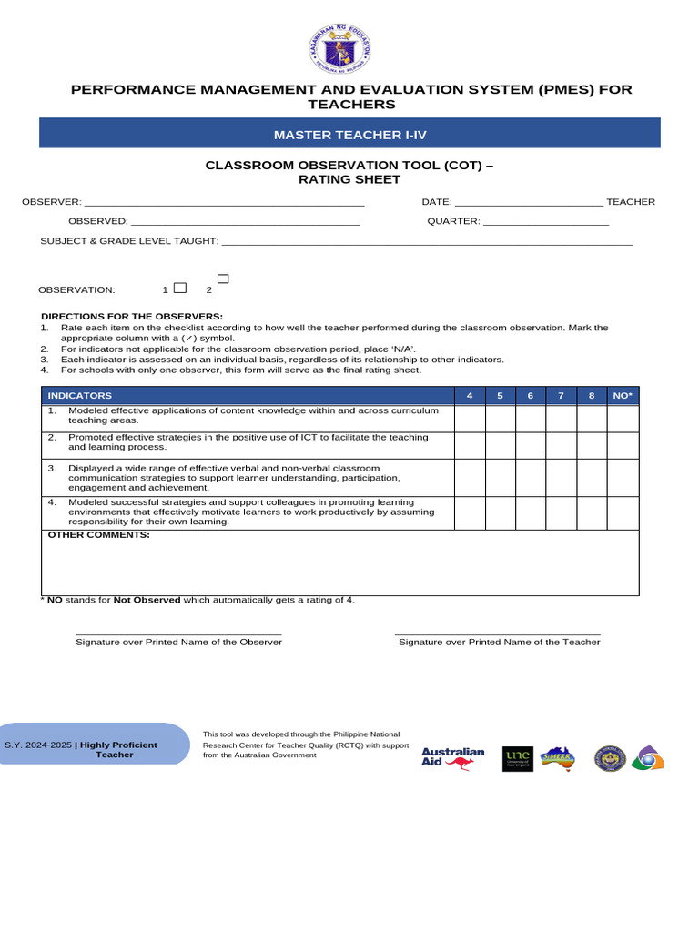 Annex C-4 - COT Rating Sheet For Highly Proficient Teacher For SY 2024 ...