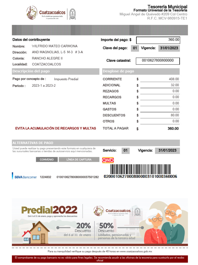 Formato de Pago Impuesto Predial 2023 | PDF