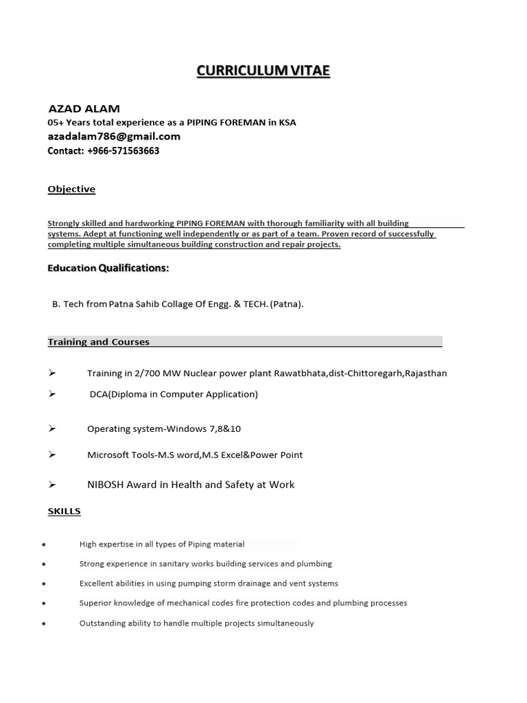 Azad Piping Foreman CV | PDF | Fiberglass | Fibre Reinforced Plastic