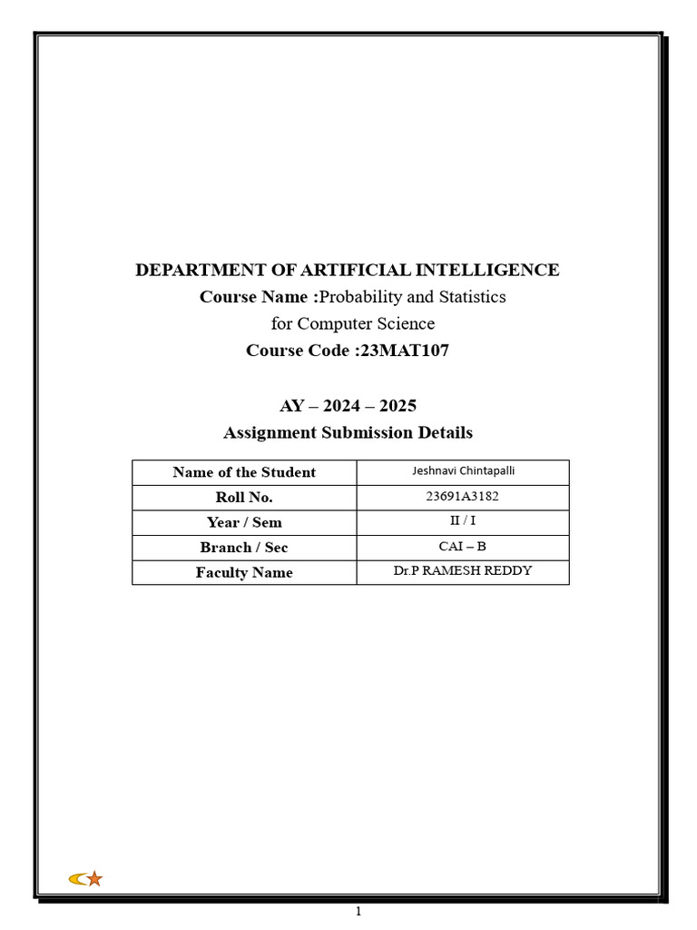 23691A3182 Maths Assignment 2 | PDF | Methodology | Probability And ...
