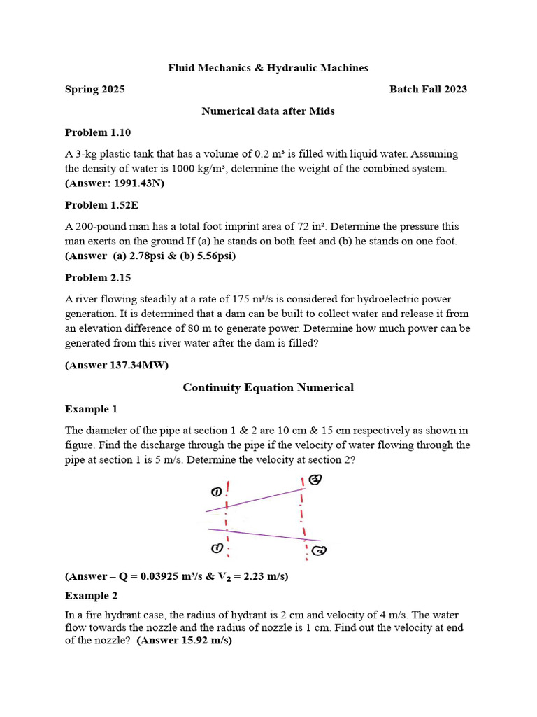 Fluid Mechanics Numerical Problems | PDF | Pressure | Nozzle