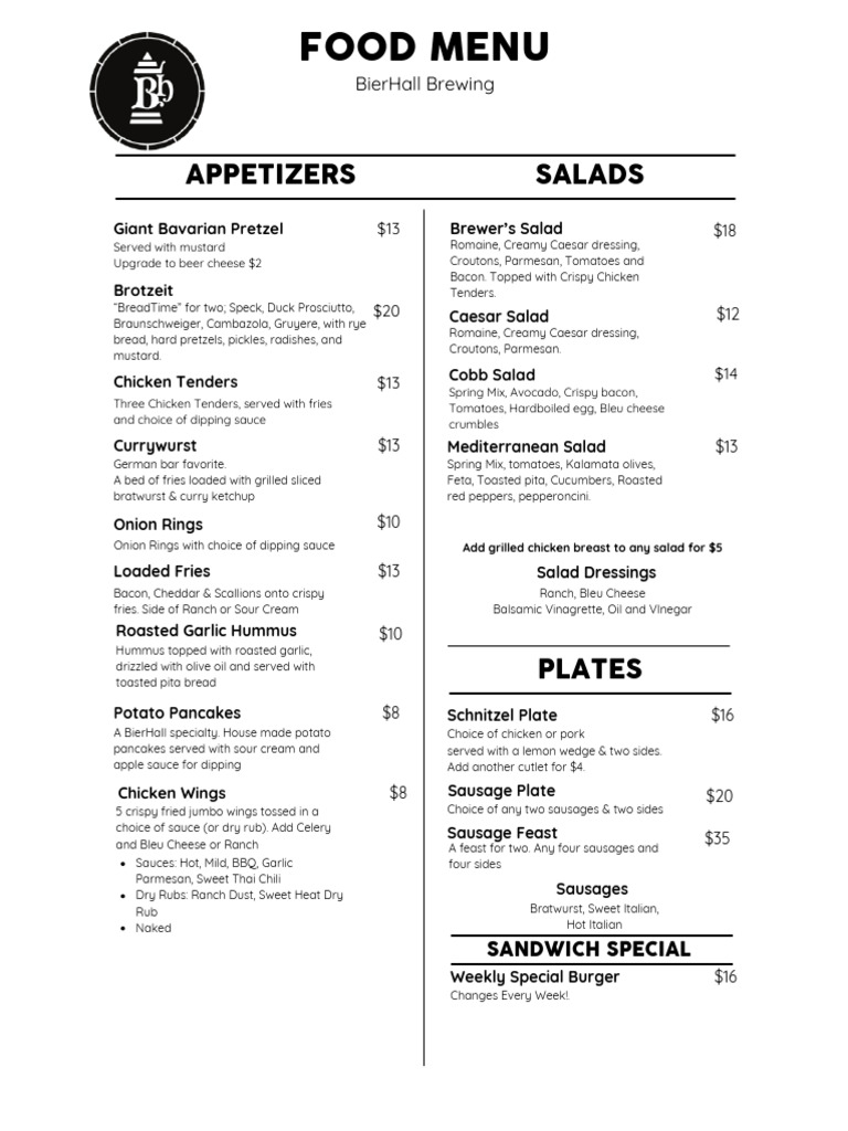 BierHall Menu W Special | PDF | Salad | Hamburgers