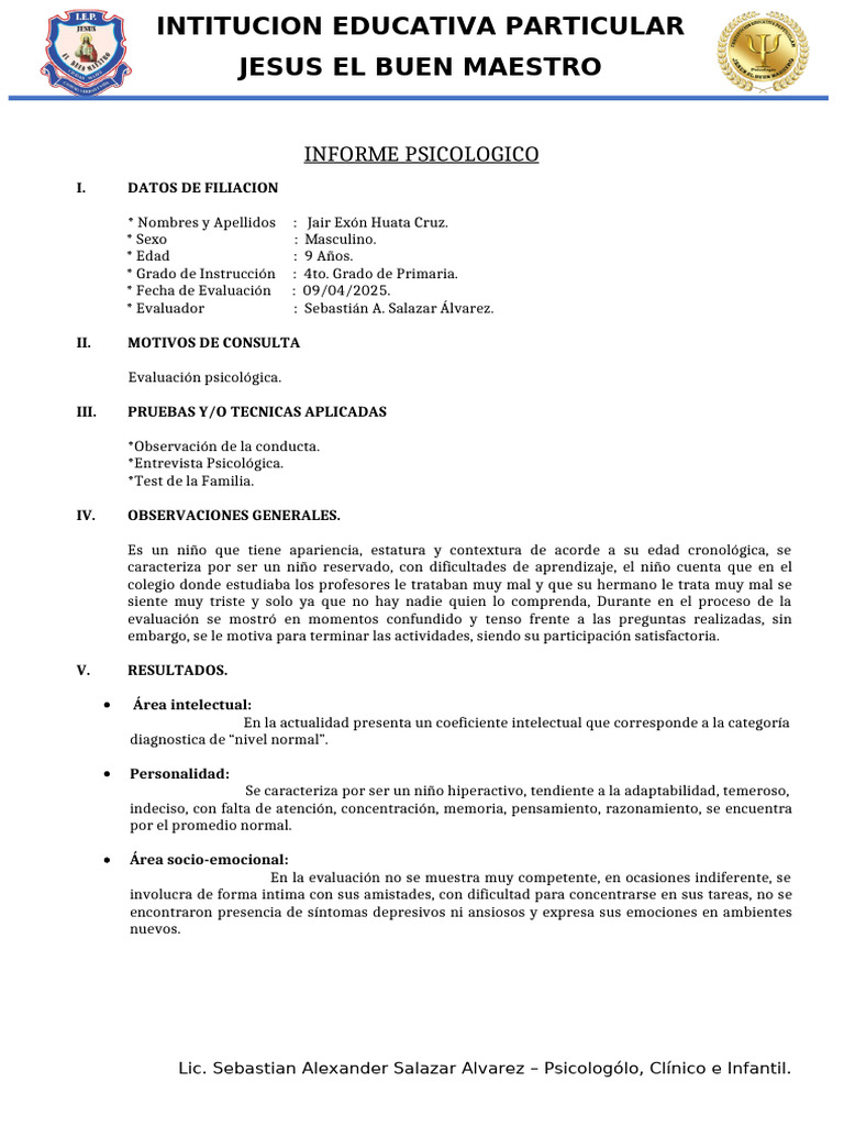 Informe Psicológico de Niño de 9 Años | PDF | Sicología | Las emociones
