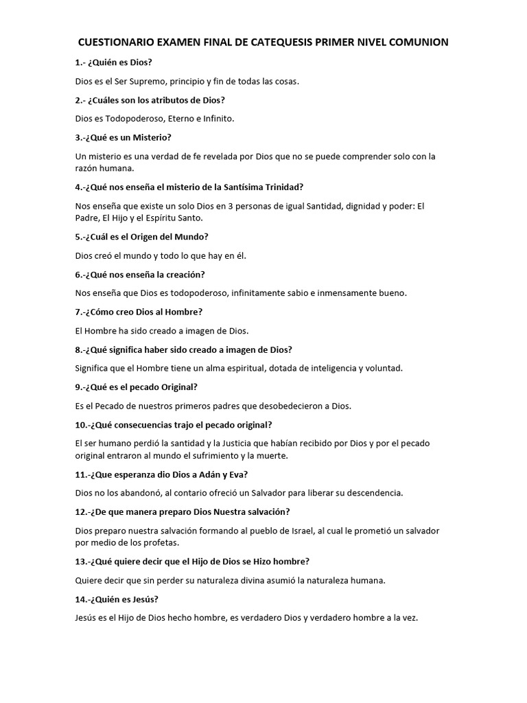 Cuestionario Catequesis Comunión Primer Nivel | PDF | Cristo (título