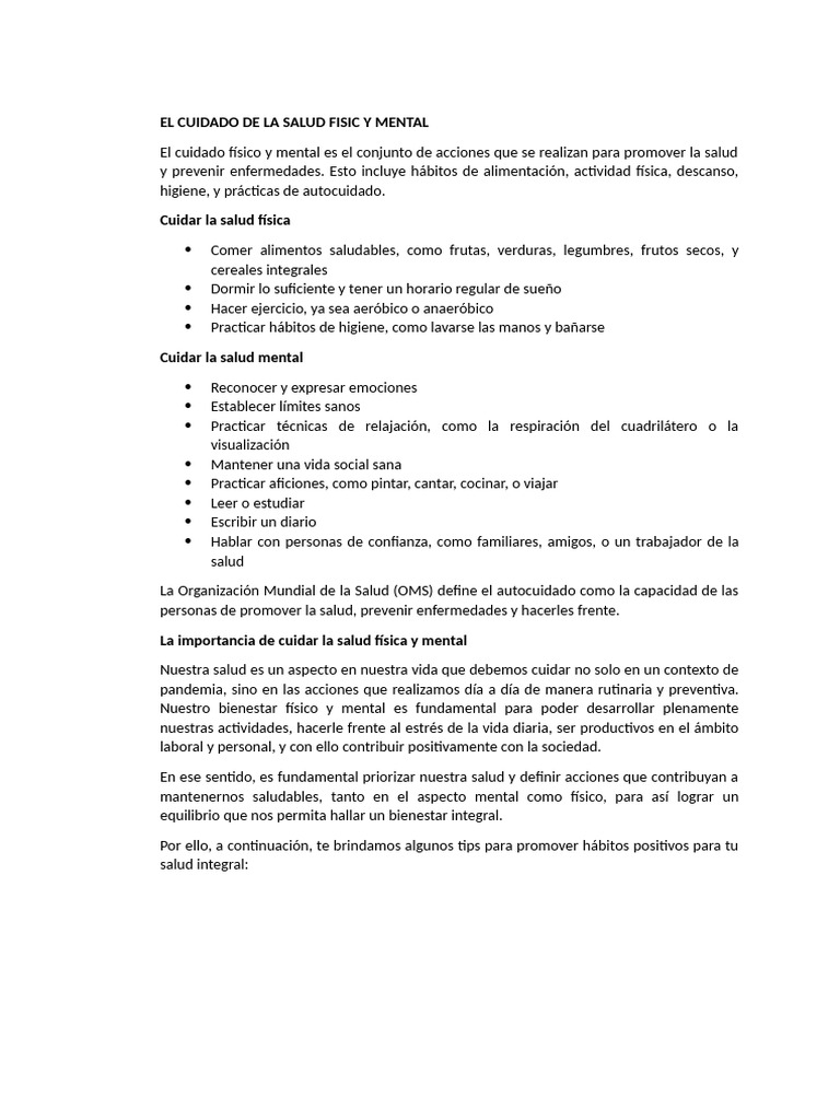 El Cuidado de La Salud Fisic y Mental | PDF | Salud mental | Sicología