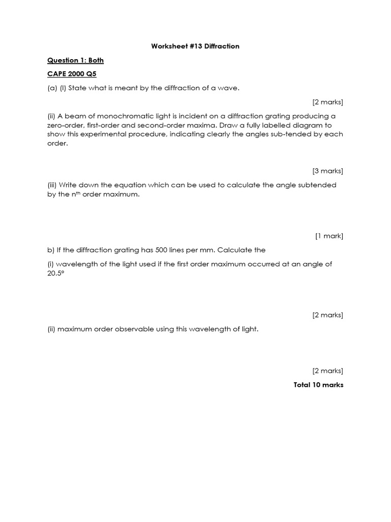 Worksheet13 Diffraction 22 | PDF | Diffraction | Light