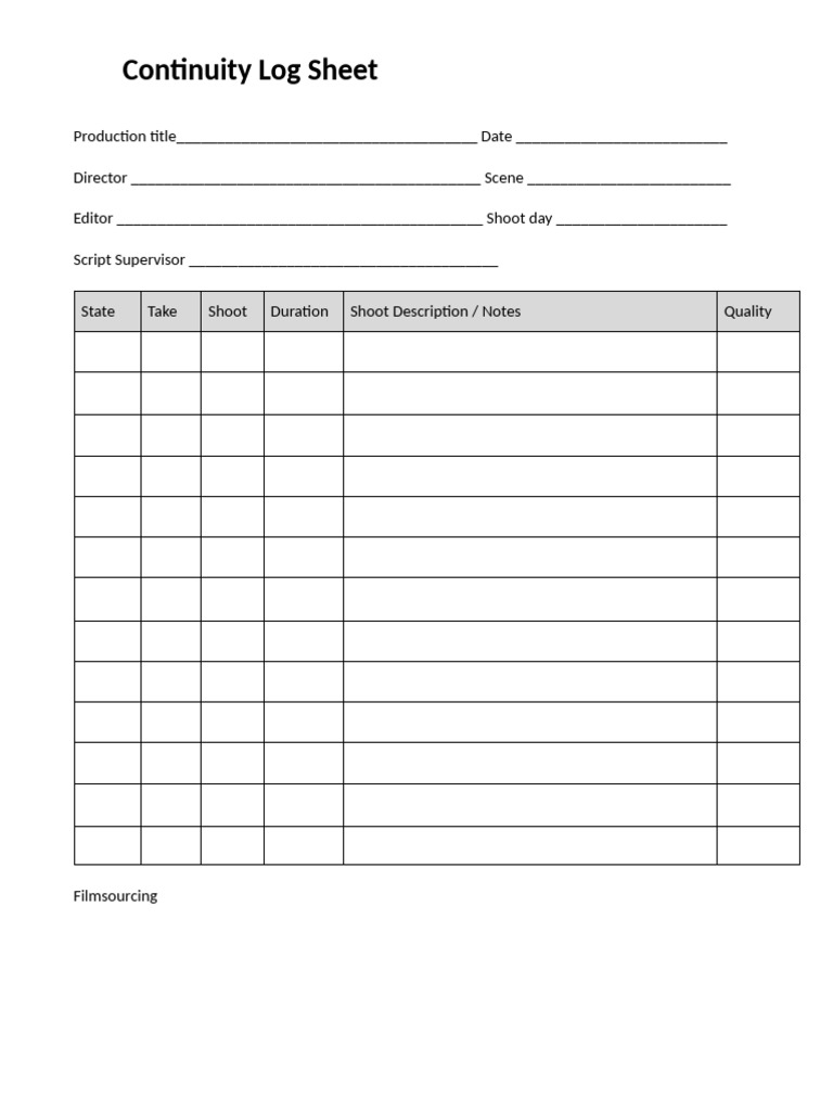 Film Continuity Log Sheet Template | PDF