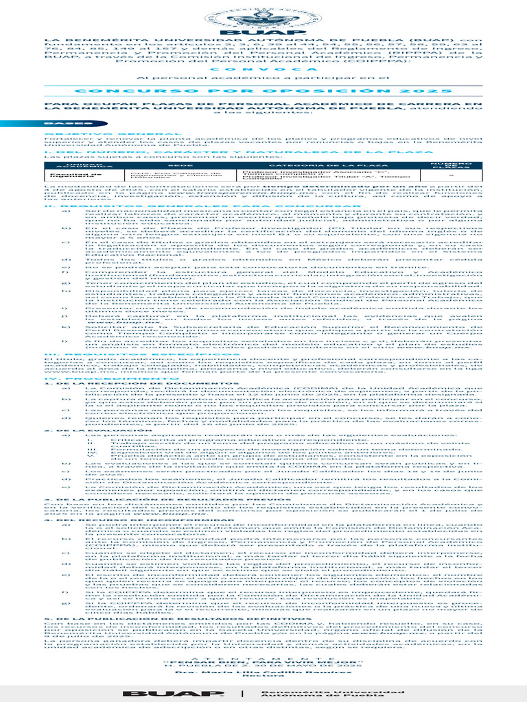 Convocatoria Oposición 2025 BUAP | PDF | Plan de estudios | Universidad