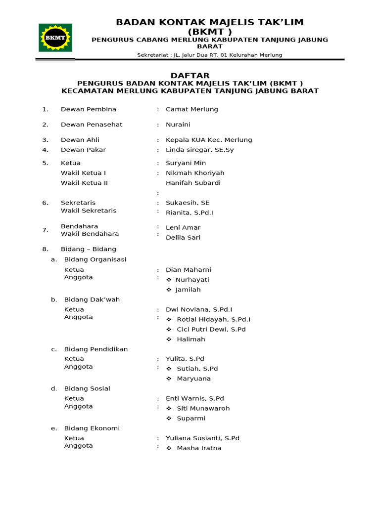 Struktur Pengurus BKMT Merlung | PDF