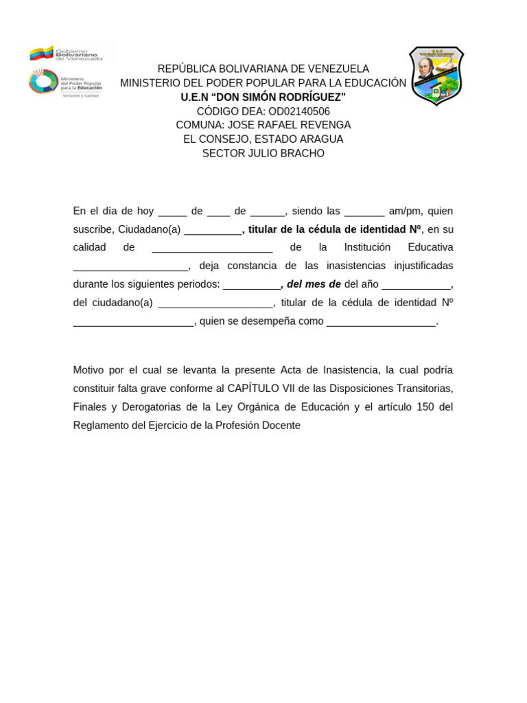 Acta de Inasistencia Escolar en Venezuela | PDF