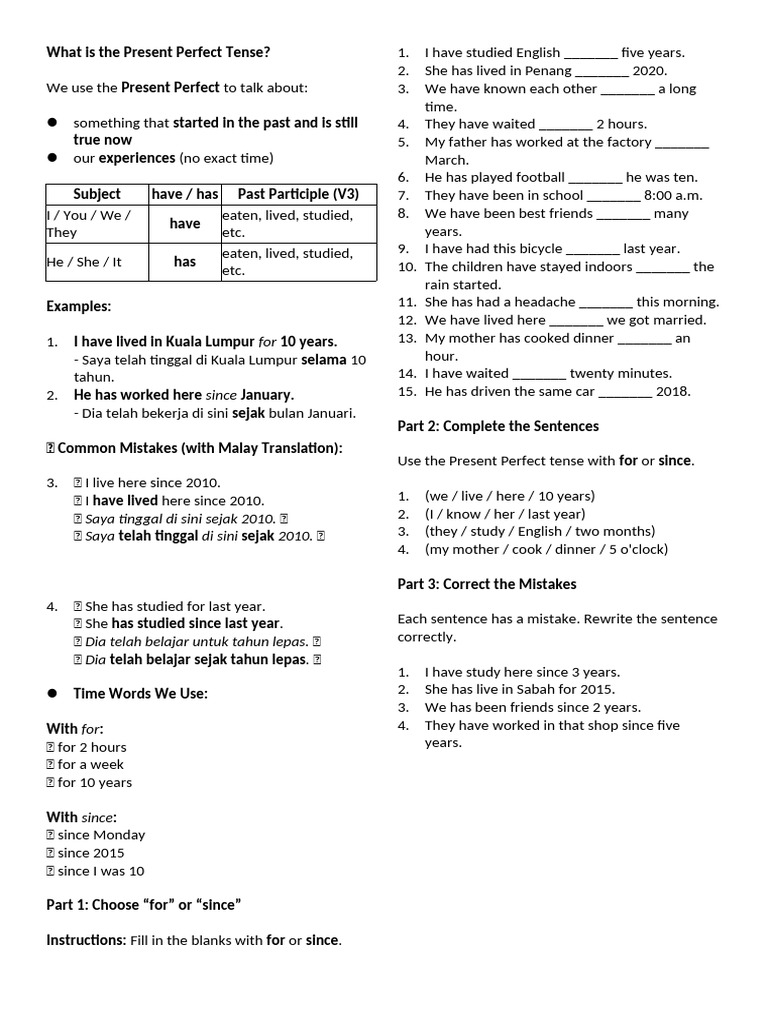 Present Perfect Tense - For Since (Form 2) | PDF | Perfect (Grammar ...