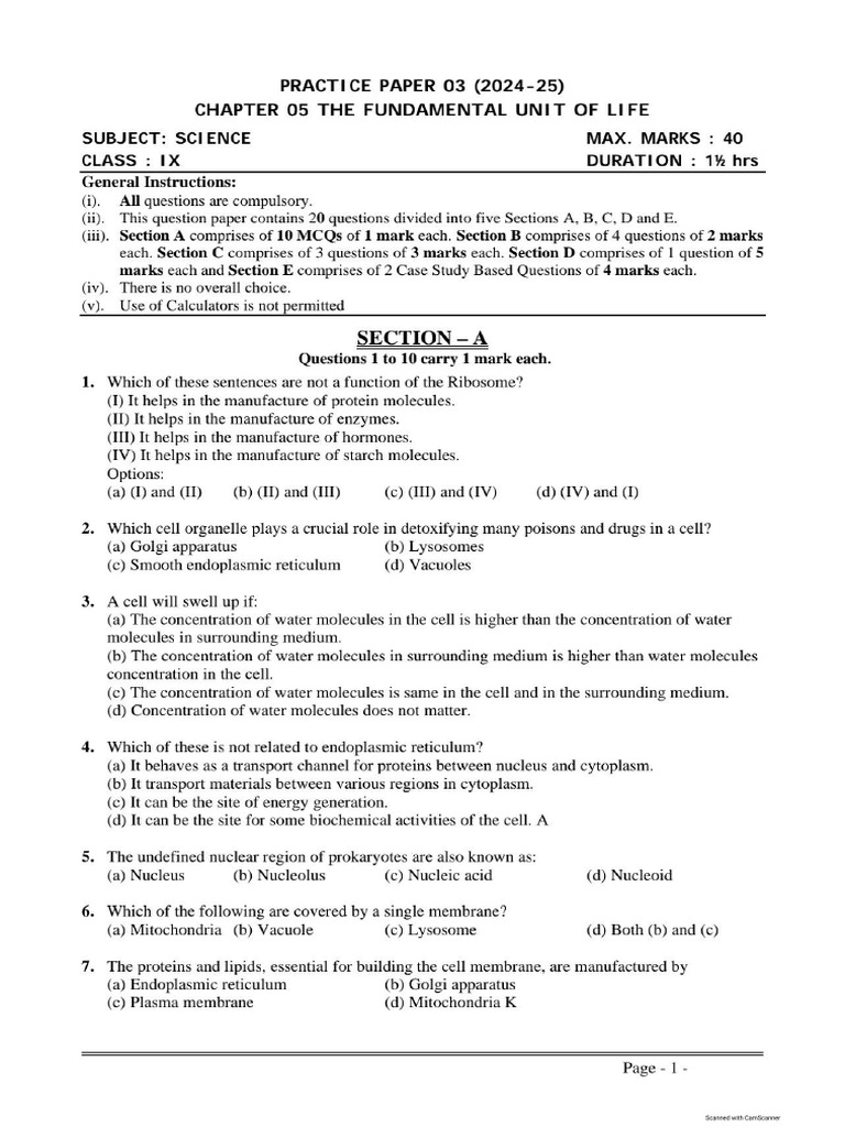 Science Class Ix Chapter 05 The Fundamental Unit of Life Practice Paper ...