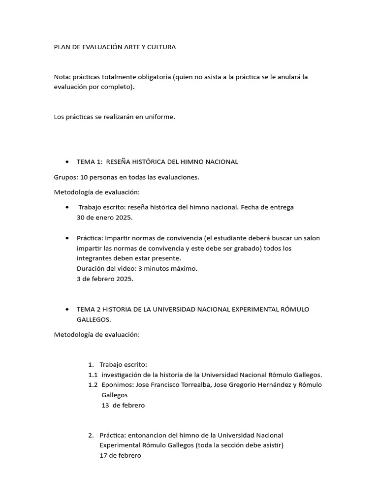 Plan de Evaluación Arte y Cultura 2025 | PDF