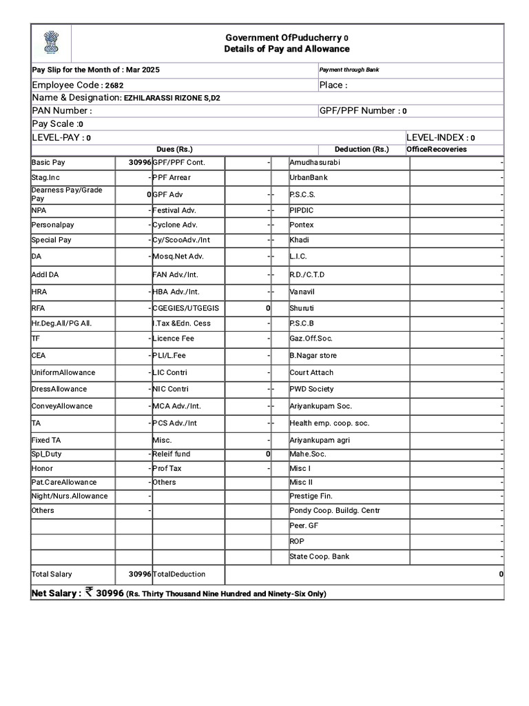 Puducherry Employee Pay Slip March 2025 | PDF | Payments | Government ...