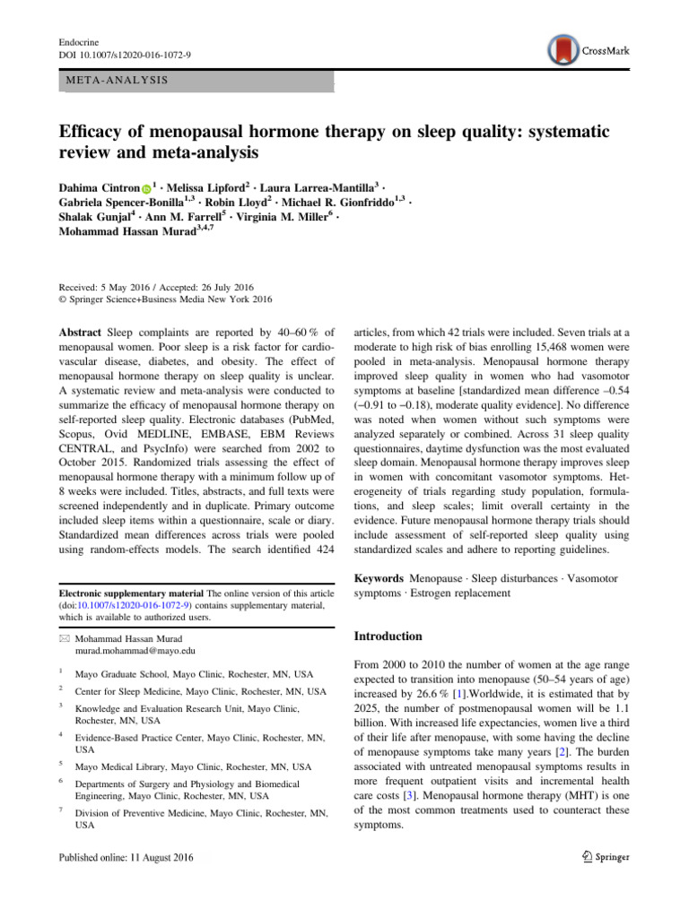 Cintron 2016 - Efficacy of Menopausal Hormone Therapy On Sleep Quality ...