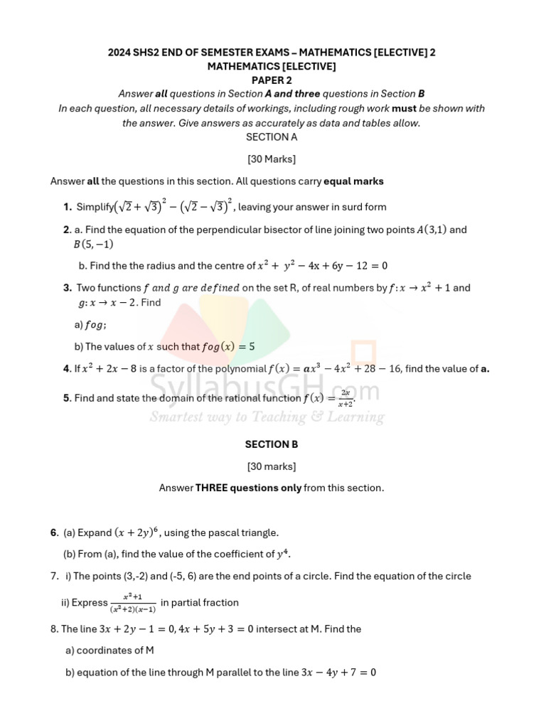 2024 SHS2 Mathematics Exam Paper 2 | PDF