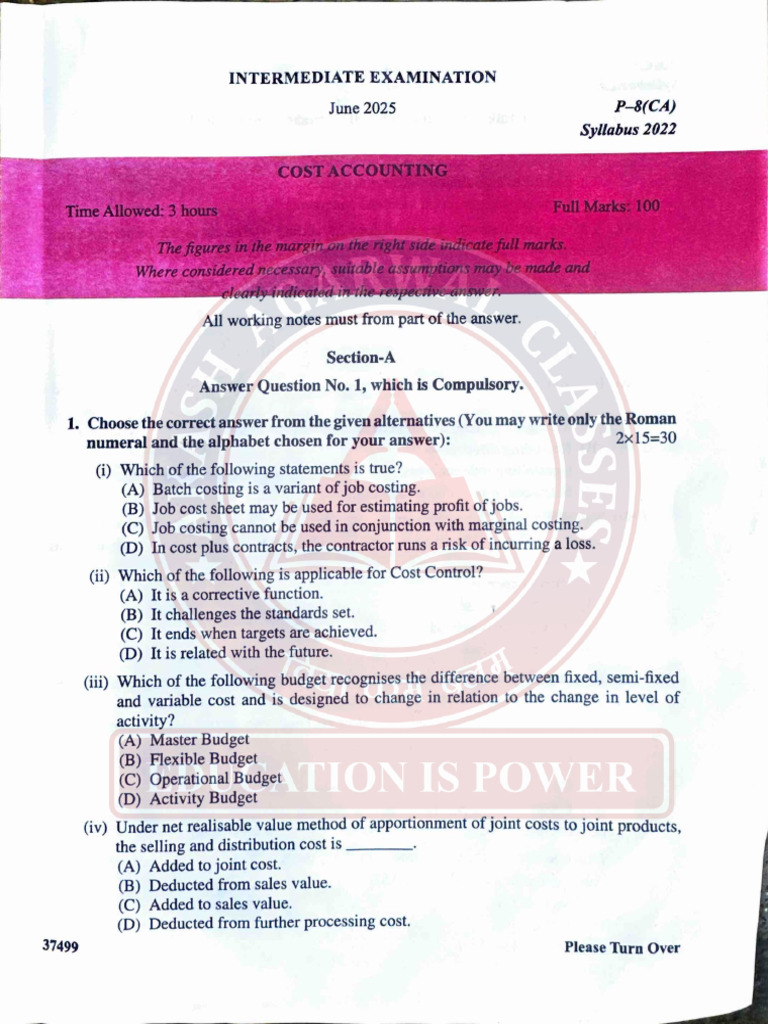 Cma Inter June 2025 Costing Question Paper Pdf Cost Cost Accounting