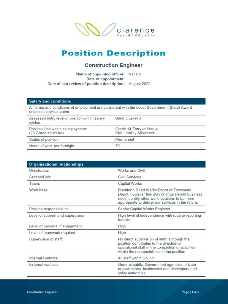 Construction Engineer Position Overview | PDF | Engineer | Employment