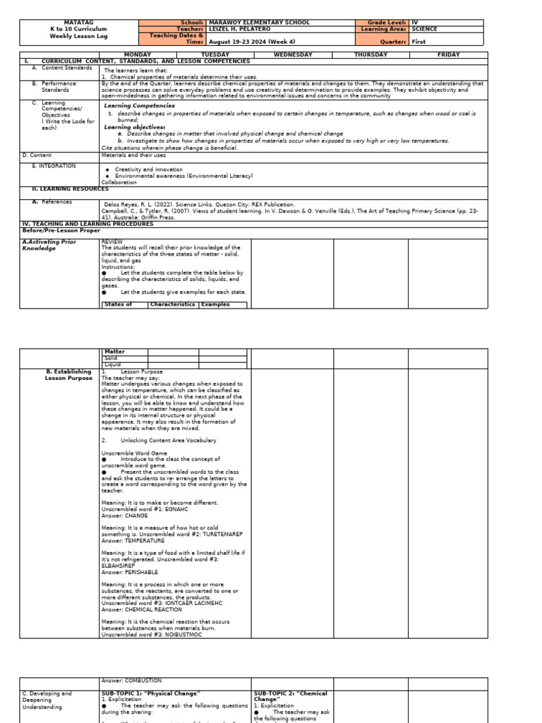 DLL Science 4 q1 w4 Matatag Elmer | PDF | Evaporation | Freezing