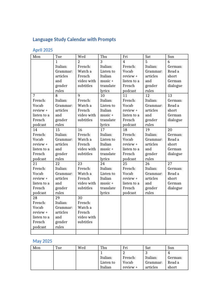 Language Learning Calendar 2025 | PDF | Linguistics | Communication