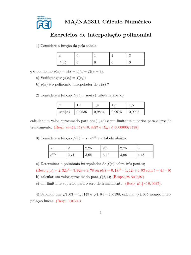 Exercícios de Interpolação Polinomial | PDF | Relações matemáticas ...