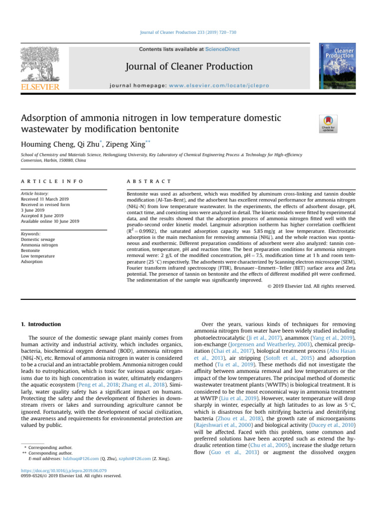 Adsorption of Ammonia Nitrogen in Low Temperature Domestic | PDF ...