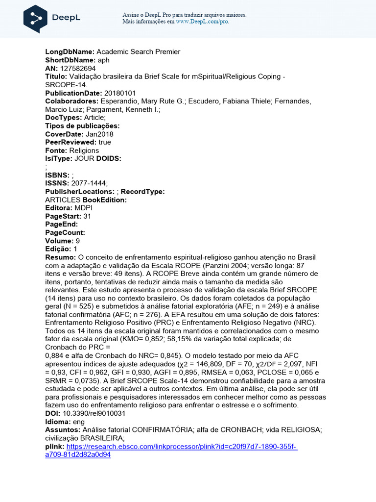 Brazilian Validation of The Brief Scale For MSpiritualReligious Coping ...