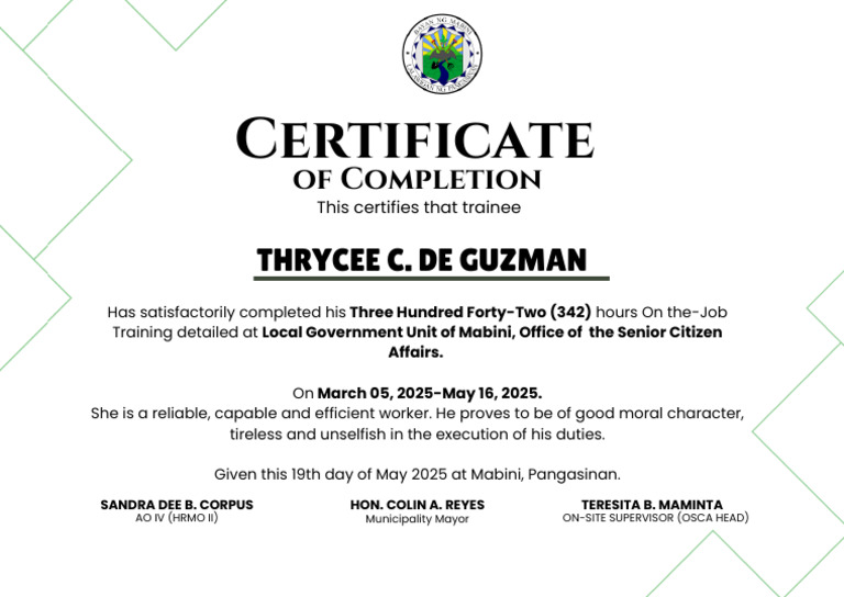 Certificate of Completion for OSCA Training | PDF