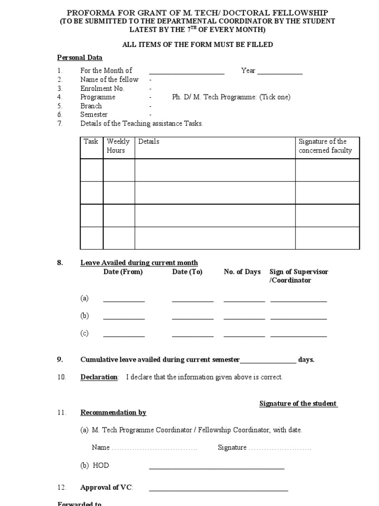(To Be Submitted To The Departmental Coordinator by The Student Latest ...