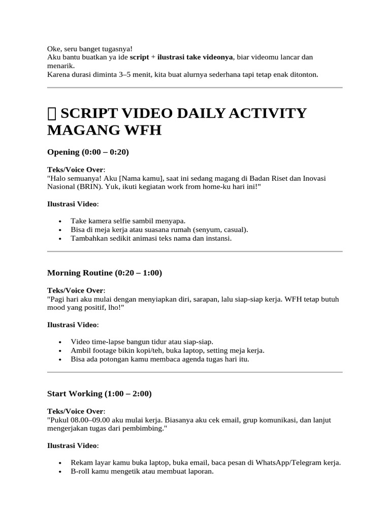 Skrip Vlog Harian Magang WFH | PDF