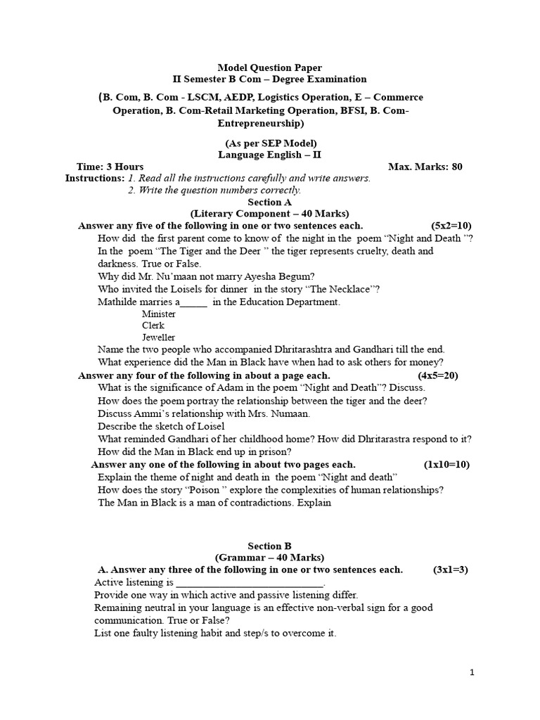 B.Com II Semester Model Question Paper | PDF