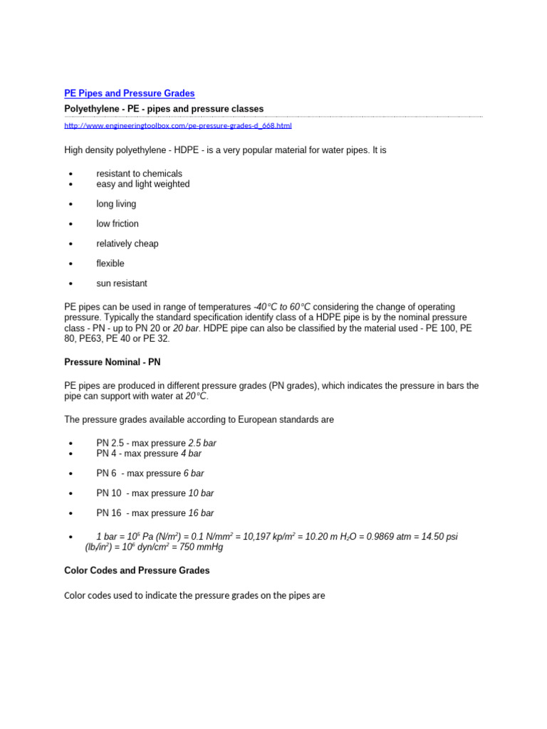 HDPE Pipe Pressure Ratings Explained | PDF | Pipe (Fluid Conveyance ...