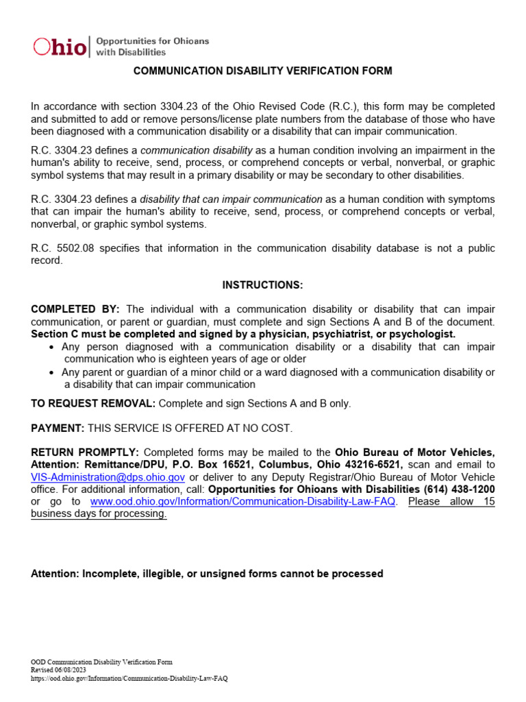 Communication Disability Verification Form 06!08!23 | PDF | Disability