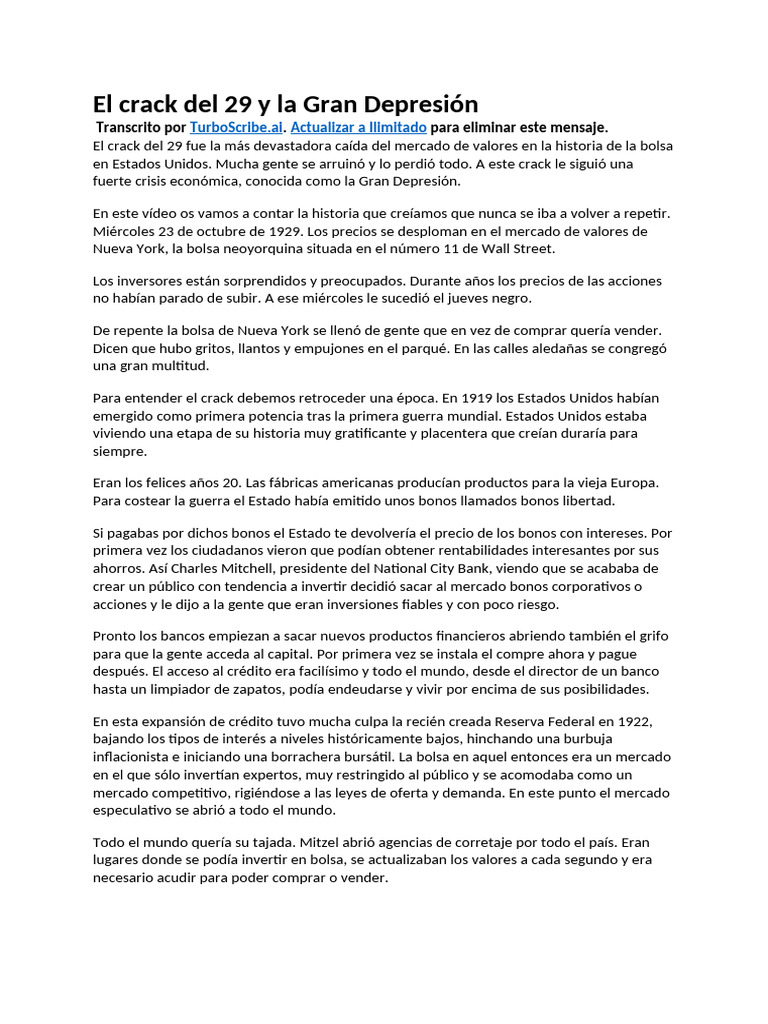 El Crack Del 29 y La Gran Depresión | PDF | Accidente de Wall Street de ...