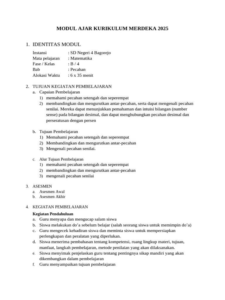 Modul Ajar Matematika Pecahan SD 2025 | PDF