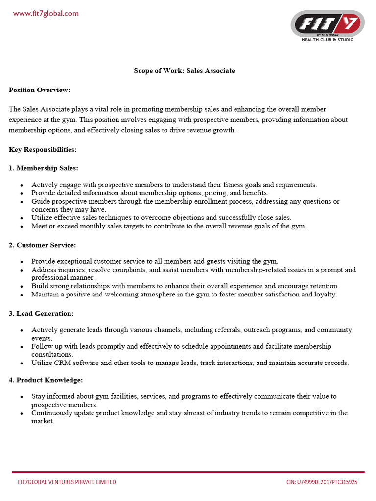 Sales Associate Role at Fit7 Global Gym | PDF | Sales | Customer ...